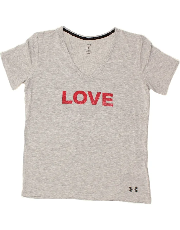 UNDER ARMOUR Womens Love Graphic T-Shirt Top UK 14 Medium Grey Flecked-- Front Pockets Side Pockets Patch Pockets