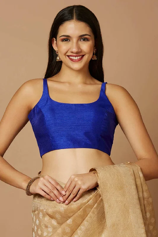 Blue Silk Sleeveless Padded Blouse Sheer Sleeve Blouse