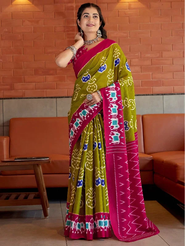 Saree Mall Women's Cotton Olive Printed Designer Saree With Blouse Piece-MINAXI3902 Office Formal Blouse