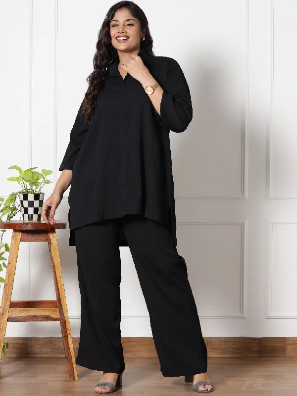 Black Textured ShirtTop & WaistbandPalazzo-- Fleece Nylon Spandex
