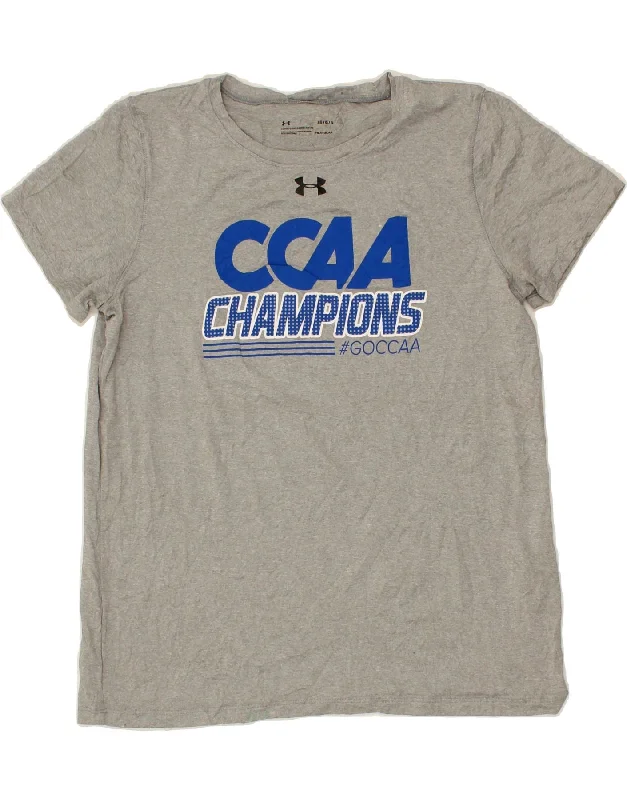 UNDER ARMOUR Womens Heat Gear Graphic T-Shirt Top UK 16 Large Grey Cotton-- Welt Pockets Slit Pockets Flap Pockets