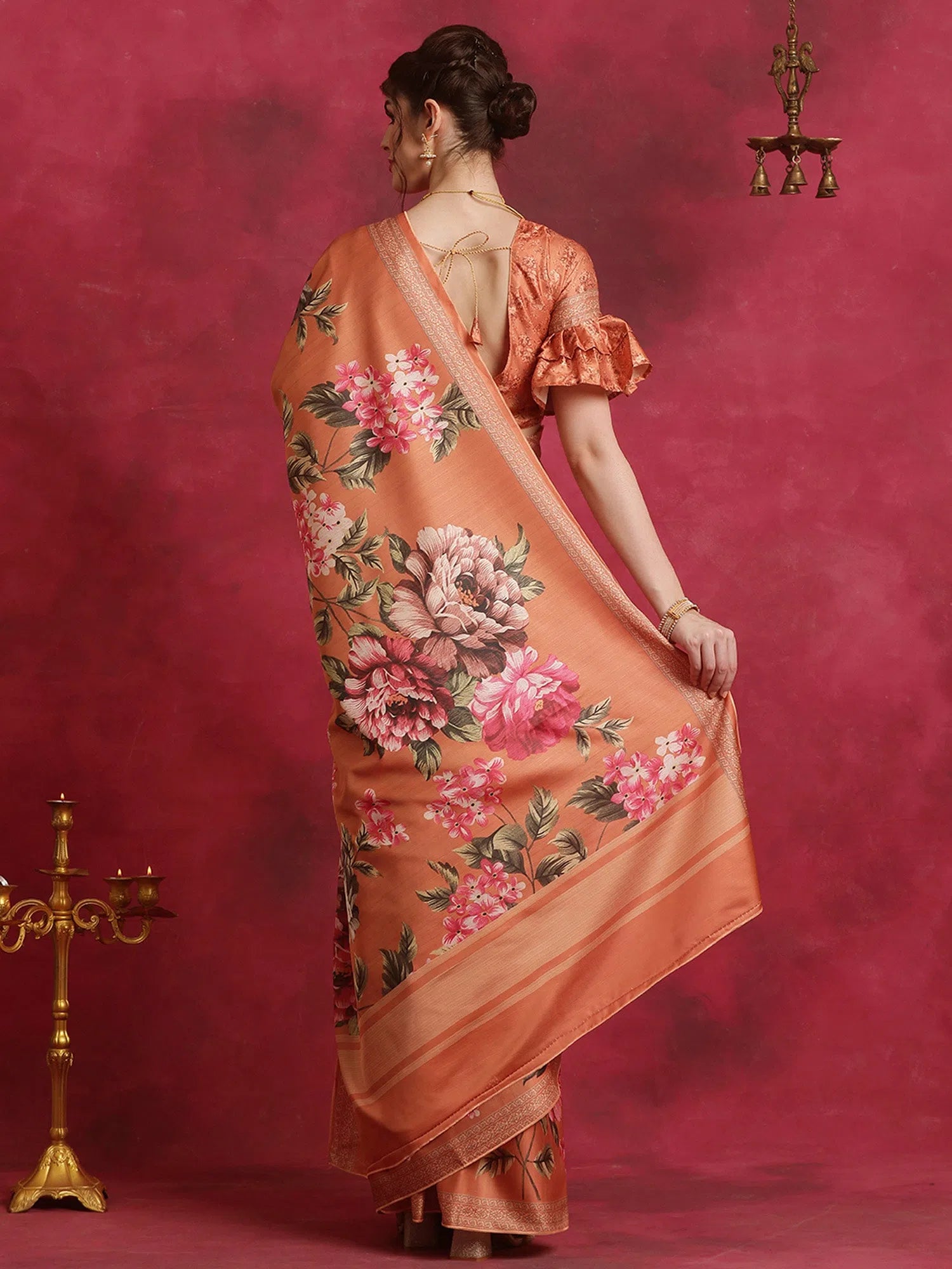 Saree Mall Women's Cotton Blend Orange Printed Designer Saree With Blouse Piece-HIBRO101D Lightweight Tunic Blouse