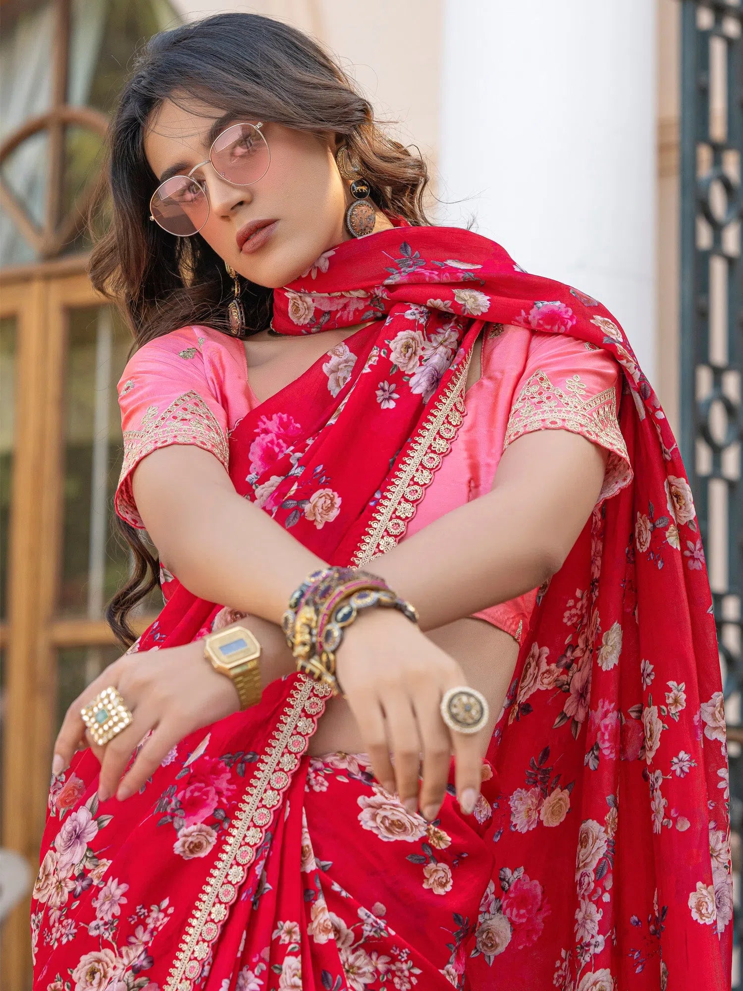 Saree Mall Women's Viscose  Red Embellished Designer Saree With Blouse Piece-KRAGIRI1804 Flowy Bohemian Blouse
