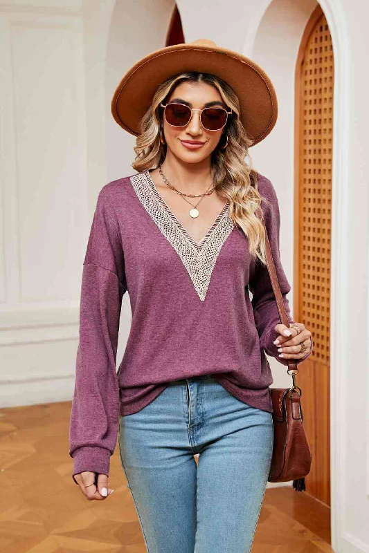 Contrast V-Neck Long Sleeve Blouse Elegant Embroidery Blouse