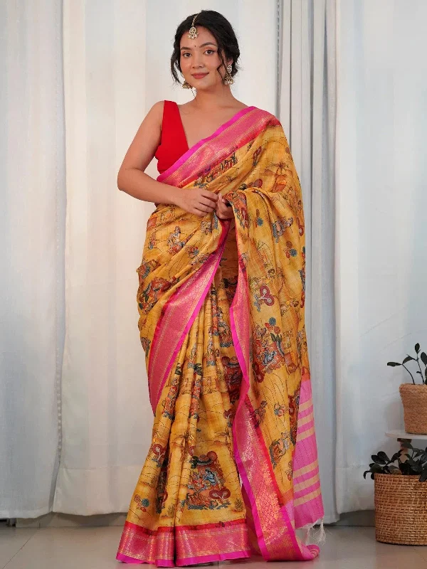 Saree Mall Women's  Blend Mustard Printed Designer Saree With Blouse Piece-AAVYA2506 High Neck Blouse