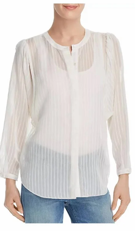 Women Rashelda Striped Sheer Top Blouse In White Ruched Sleeve Blouse