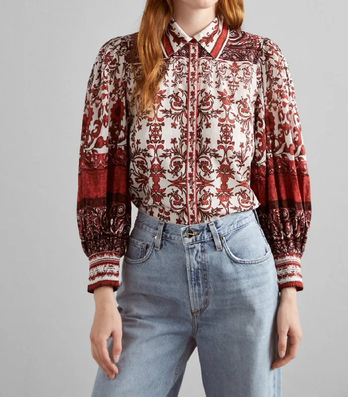 Tiffie Rose Fatal Attraction Drama Sleeve Button Down Blouse In White/red Chic Wrap Blouse