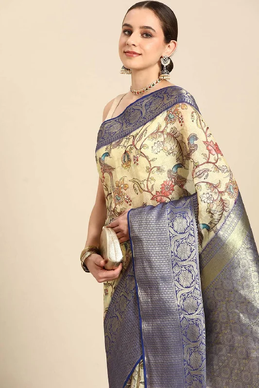 Beige Pichwai Muga Silk Digital Print Saree With Unstitched Blouse Piece Embroidered Cotton Blouse