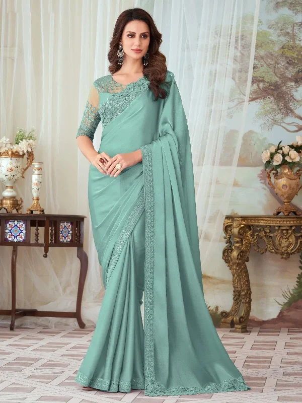 Saree Mall Women's  Blend Sea Green Embellished Designer Saree With Blouse Piece-SILVER27003D Lightweight Linen Blouse