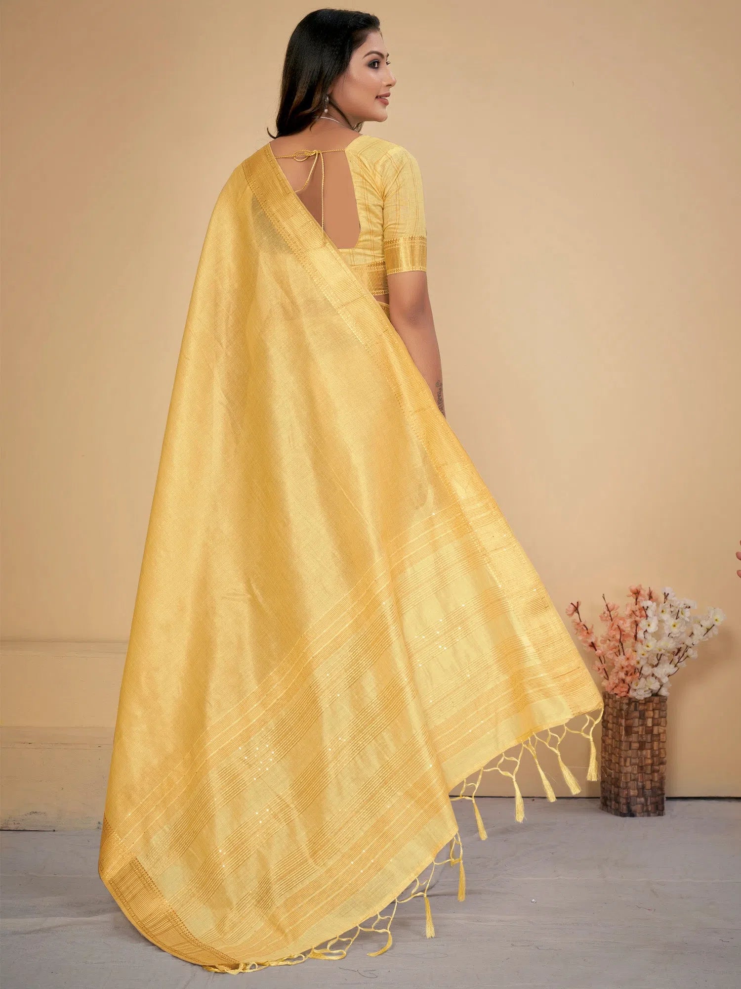 Saree Mall Women's Cotton  Yellow Embellished Designer Saree With Blouse Piece-LINOMA03C Peter Pan Blouse