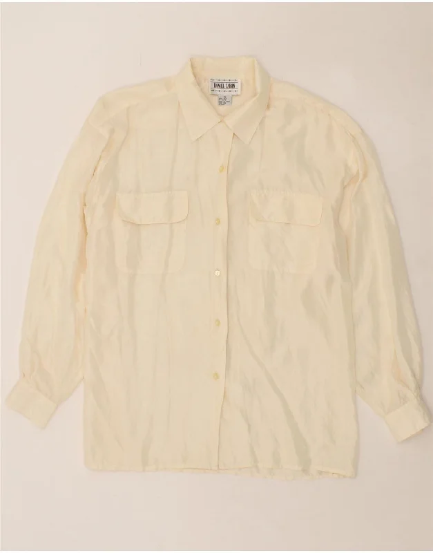 VINTAGE Womens Shirt Blouse UK 18 XL Off White Silk-- Houndstooth Herringbone Solid