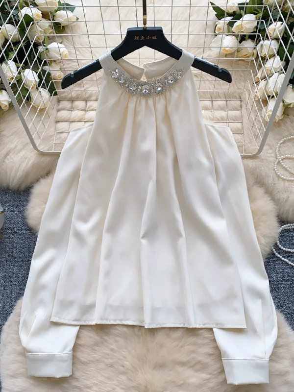 Embellished Neckline Long Sleeves Ivory Blouse Chic Sleeveless Blouse