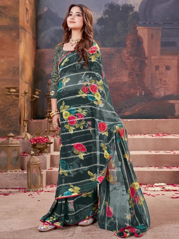 Saree Mall Women's Georgette Dark Green Embellished Designer Saree With Blouse Piece-NAYA1004 Soft Modal Blouse