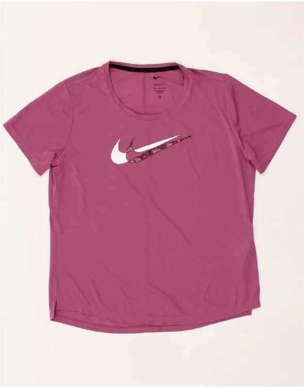 NIKE Womens Dri Fit Graphic T-Shirt Top UK 14 Medium Pink Polyester-- Lace Blend Ribbed Blend Corduroy Blend
