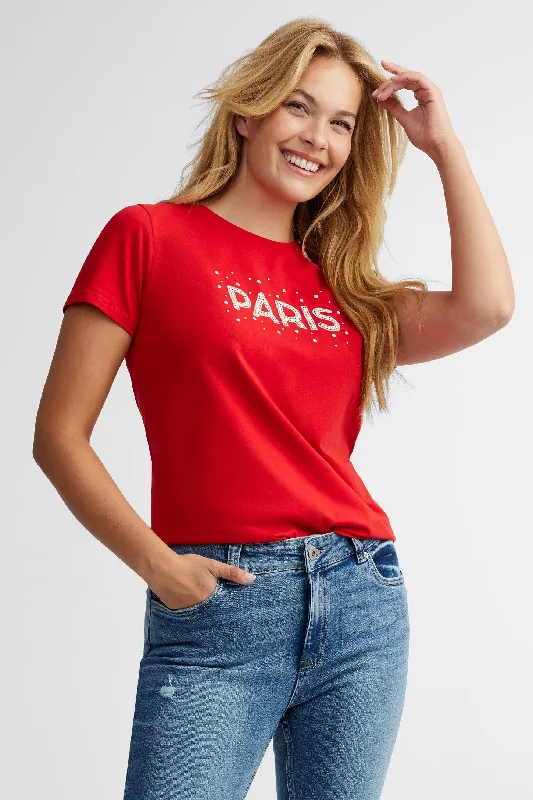 T-shirt col rond en coton – Femme-- Ribbed Striped Patterned
