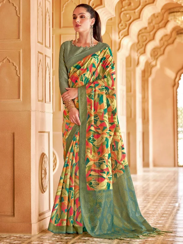 Saree Mall Women's Cotton Blend Light Green Printed Designer Saree With Blouse Piece-NITRA204 Sleeveless Chiffon Blouse