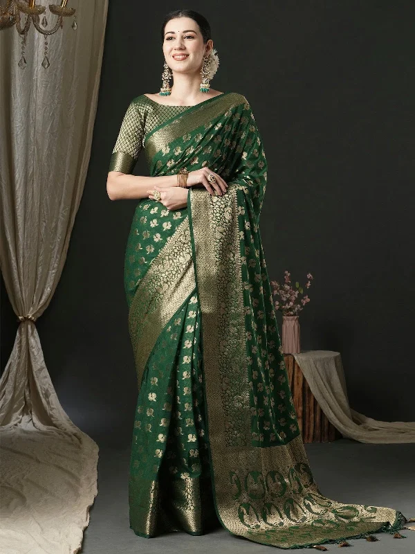 Saree Mall Women's Georgette Green Woven Design Designer Saree With Blouse Piece-ARIES07D Satin Drape Blouse