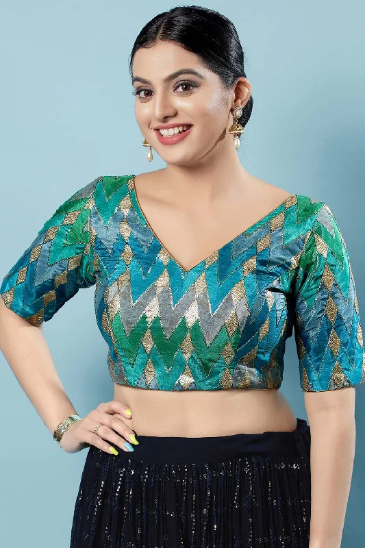 Green Silk Embellished Short Sleeves Blouse Soft Satin Blouse