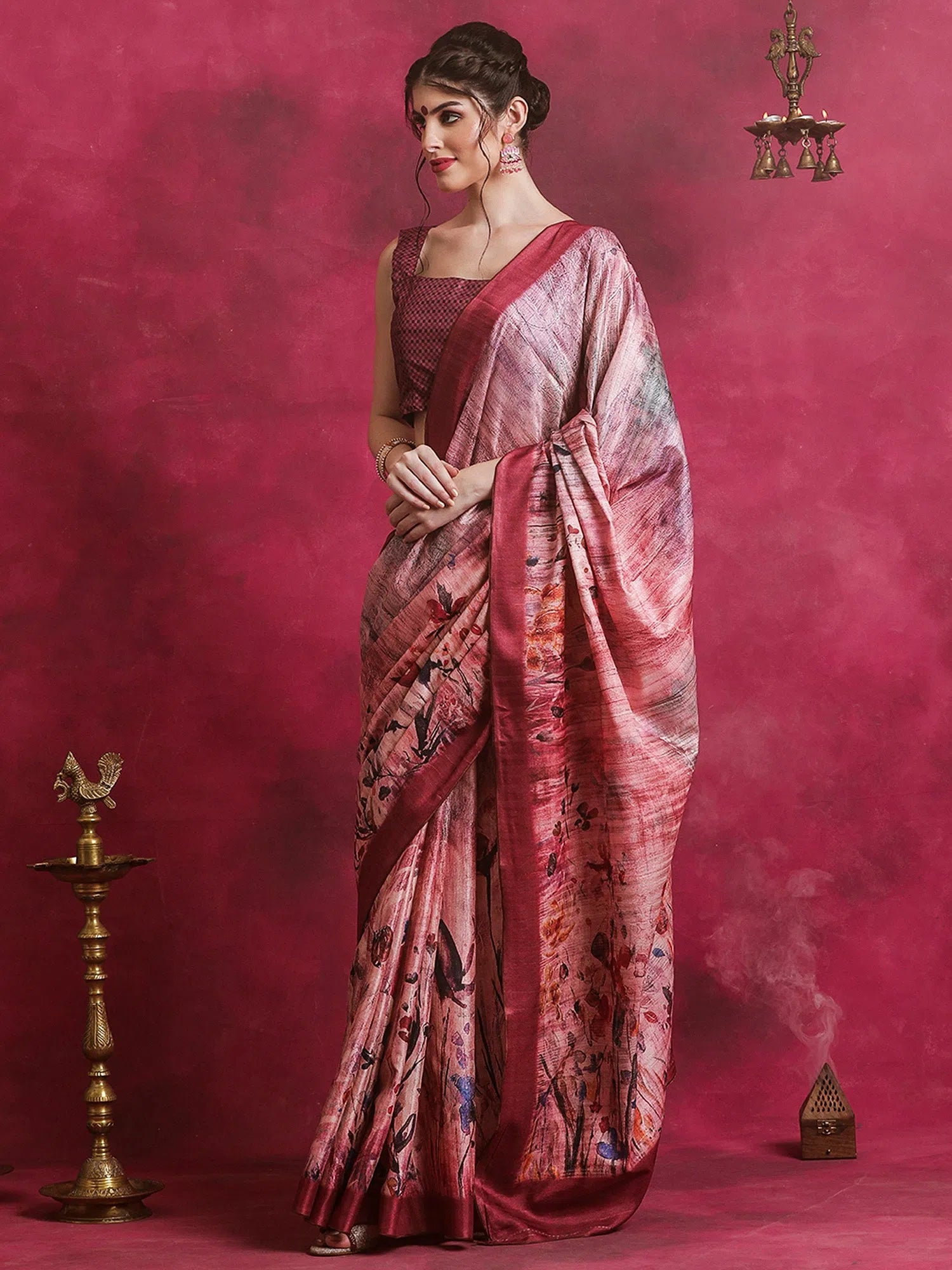 Saree Mall Women's Cotton Blend Multicolored Printed Designer Saree With Blouse Piece-HIBRO104B Feminine Satin Blouse