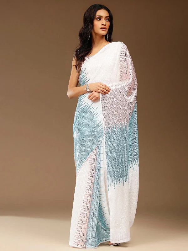Saree Mall Women's Georgette White Embellished Designer Saree With Blouse Piece-BITTI556 Lightweight Linen Blouse
