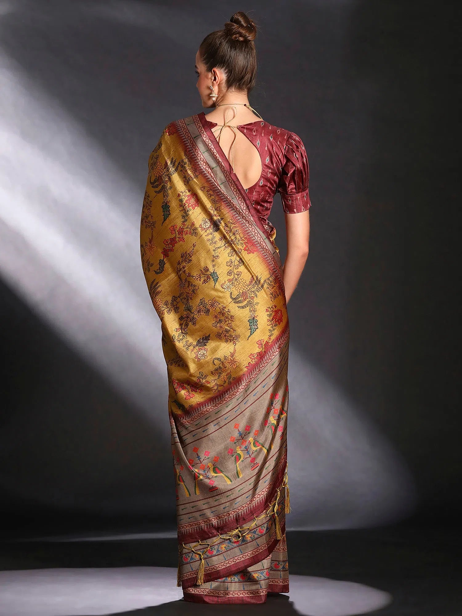 Saree Mall Women's Cotton Blend Mustard Printed Designer Saree With Blouse Piece-KOZI207 Satin Bow Blouse