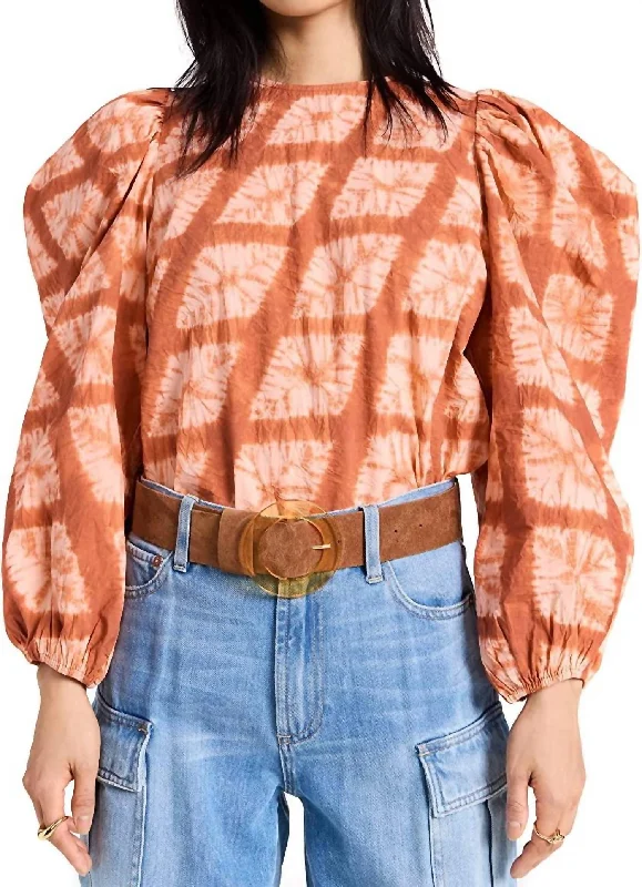 Eliza Long Sleeve Diamond Shibori Blouse In Sequoia Orange Ruched Sleeve Blouse