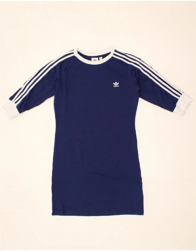ADIDAS Womens 3/4 Sleeve T-Shirt Dress UK 16 Large Navy Blue Cotton-- Notch Collar Peter Pan Collar Cowl Neck