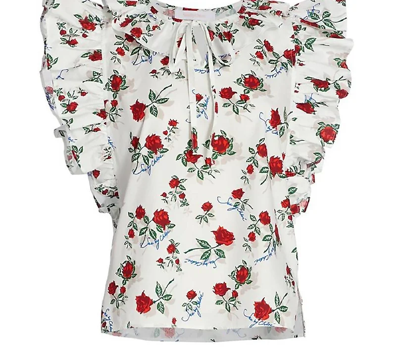 Women's Dita Cotton Poplin Floral Print Flutter Sleeve Blouse In Multi Office-Ready Blouse