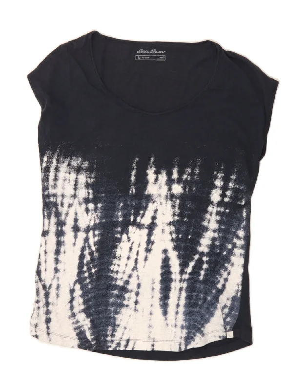 EDDIE BAUER Womens T-Shirt Top UK 10 Small Navy Blue Tie Dye Cotton-- Fashionable Trendy Casual