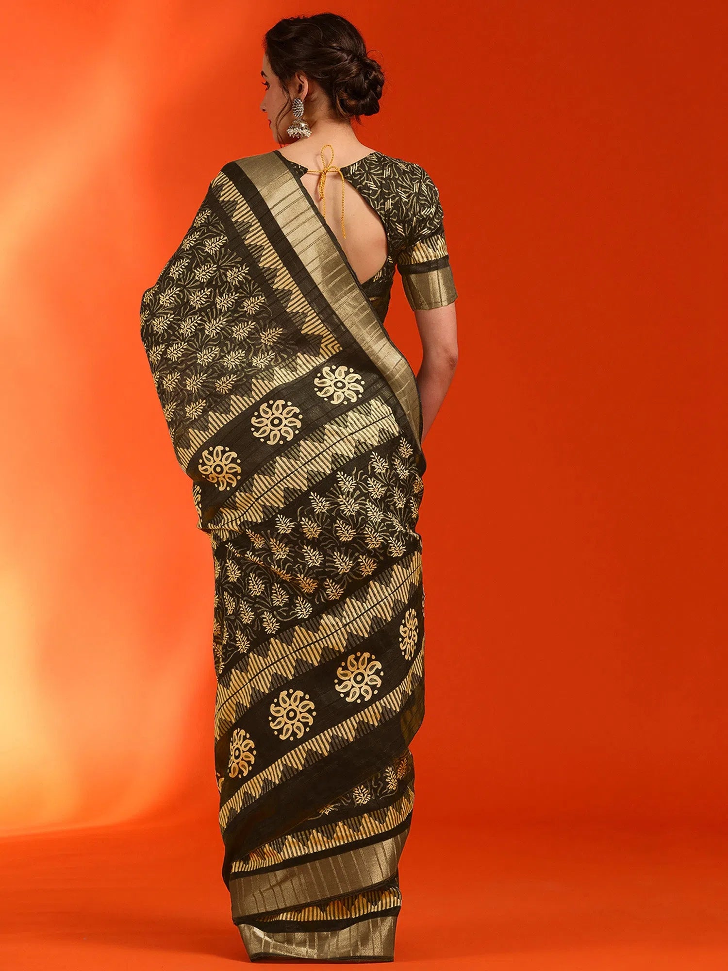 Saree Mall Women's Cotton  Olive Printed Designer Saree With Blouse Piece-HOLAND07H Satin Long Blouse