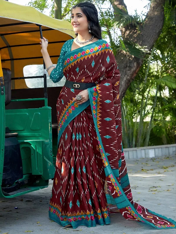 Saree Mall Women's Cotton Brown Printed Designer Saree With Blouse Piece-MINAXI3802 Airy Cotton Blouse
