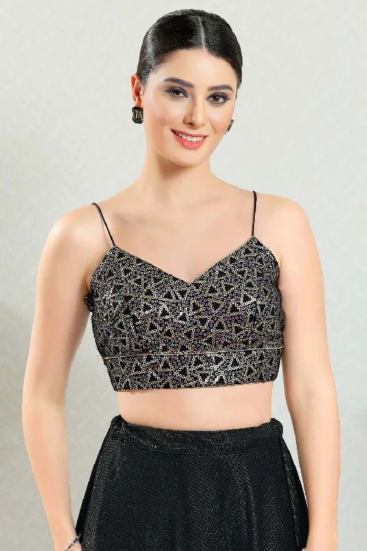 Black Brocade Embellished Sleeveless Blouse Chic Ruffle Blouse