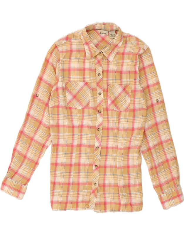 L.L.BEAN Womens Flannel Shirt UK 10 Small Beige Check Cotton-- Spandex Blend Rayon Blend Denim Blend