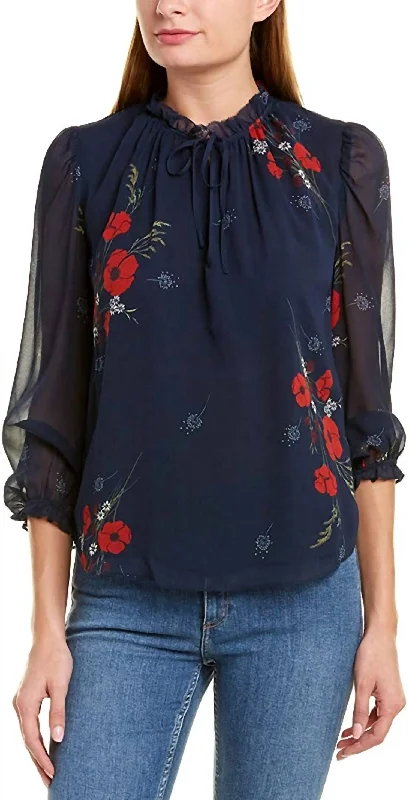 Rafaella Ruffle Trim Self Tie Neckline Silk Blouse In Midnight Boho Chic Blouse