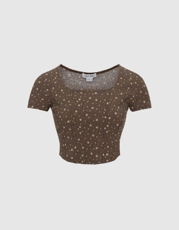 Floral U Neck Skinny T-Shirt-- Anti-Shrink Durable Soft