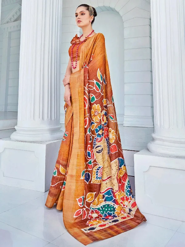 Saree Mall Women's Cotton Blend Orange Printed Designer Saree With Blouse Piece-RJGHRNA108 Elegant Embroidery Blouse