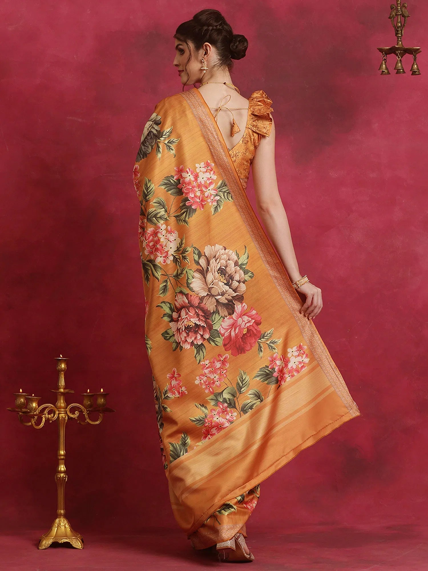 Saree Mall Women's Cotton Blend Mustard Printed Designer Saree With Blouse Piece-HIBRO101C Satin Bow Blouse