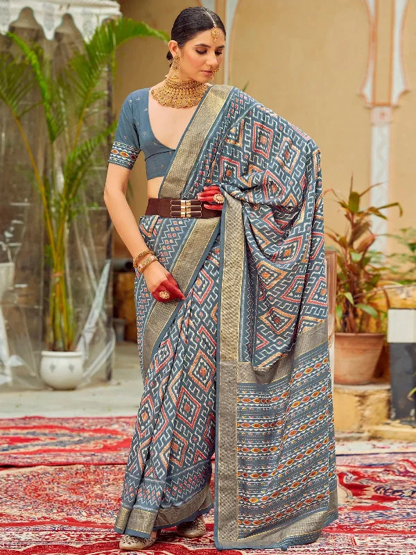 Saree Mall Women's Tussar  Grey Printed Designer Saree With Blouse Piece-SITARMN2008 Sleeveless Chiffon Blouse