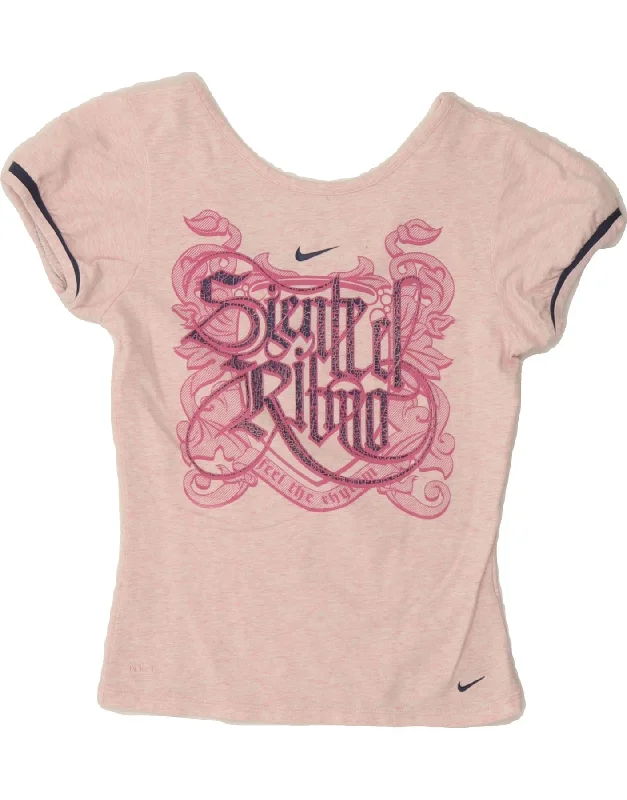 NIKE Womens Graphic T-Shirt Top UK 8/10 Small Pink-- Beaded Sequined Faux Fur