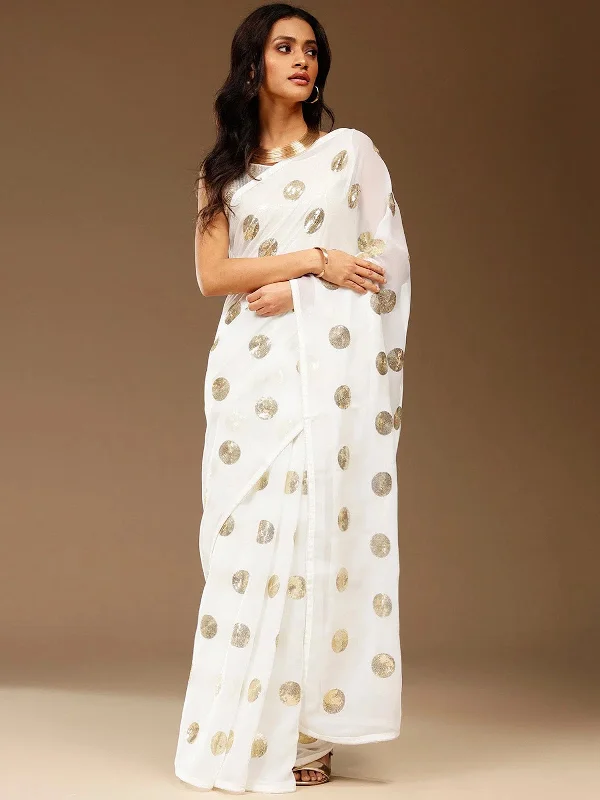 Saree Mall Women's Georgette White Embellished Designer Saree With Blouse Piece-BITTI589 Short Sleeve Blouse