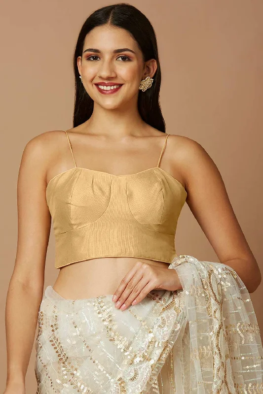 Gold Silk Sleeveless Padded Blouse Sheer Mesh Blouse