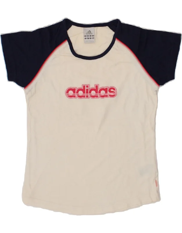 ADIDAS Womens Graphic T-Shirt Top UK 8 Small  White Colourblock Cotton-- Chenille Brocade Lace