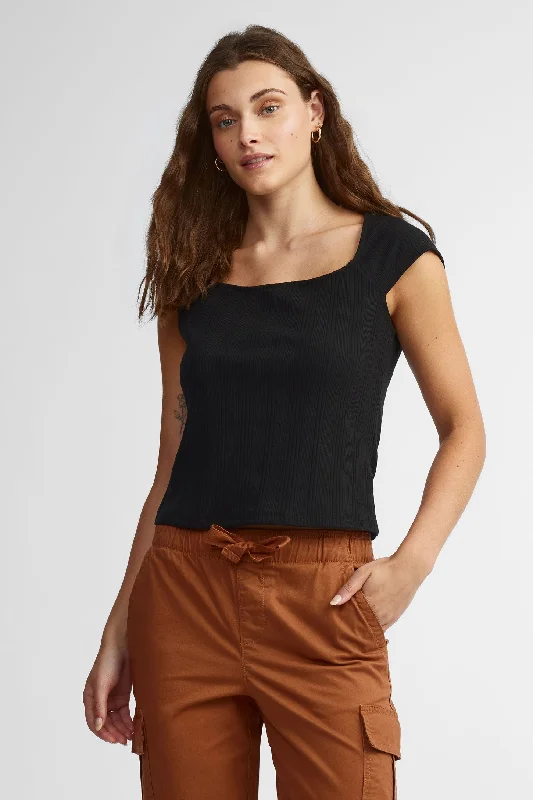 T-shirt côtelé manches cap - Femme-- Front Pockets Side Pockets Patch Pockets