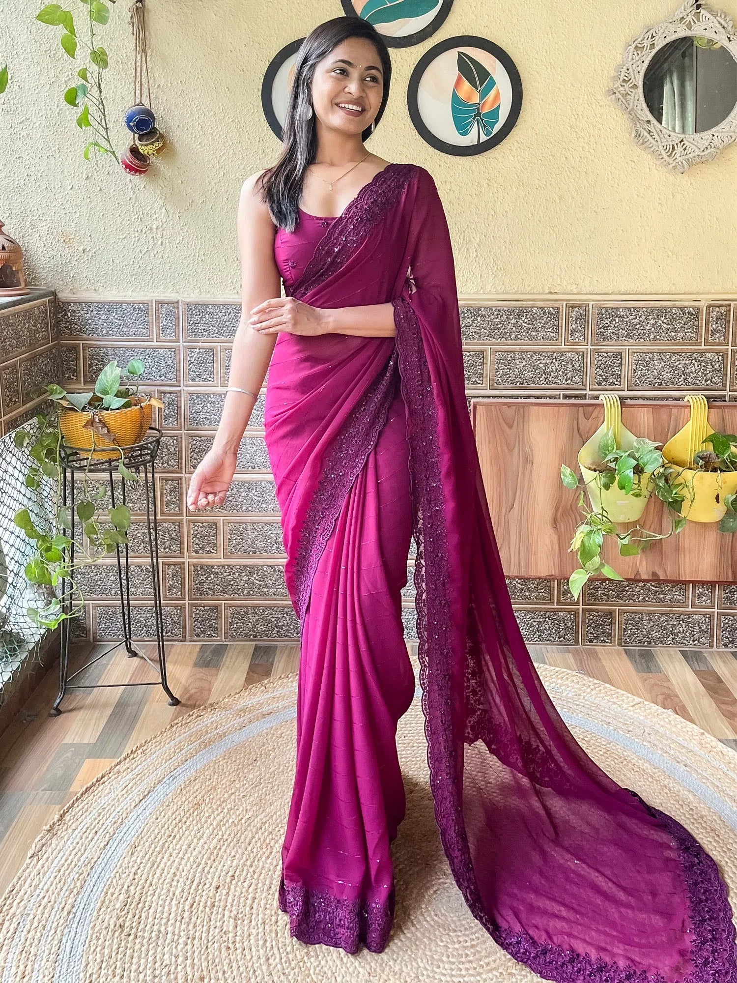 Saree Mall Women's Georgette Magenta Embroidered Designer Saree With Blouse Piece-KESARI4105 Smart Business Blouse