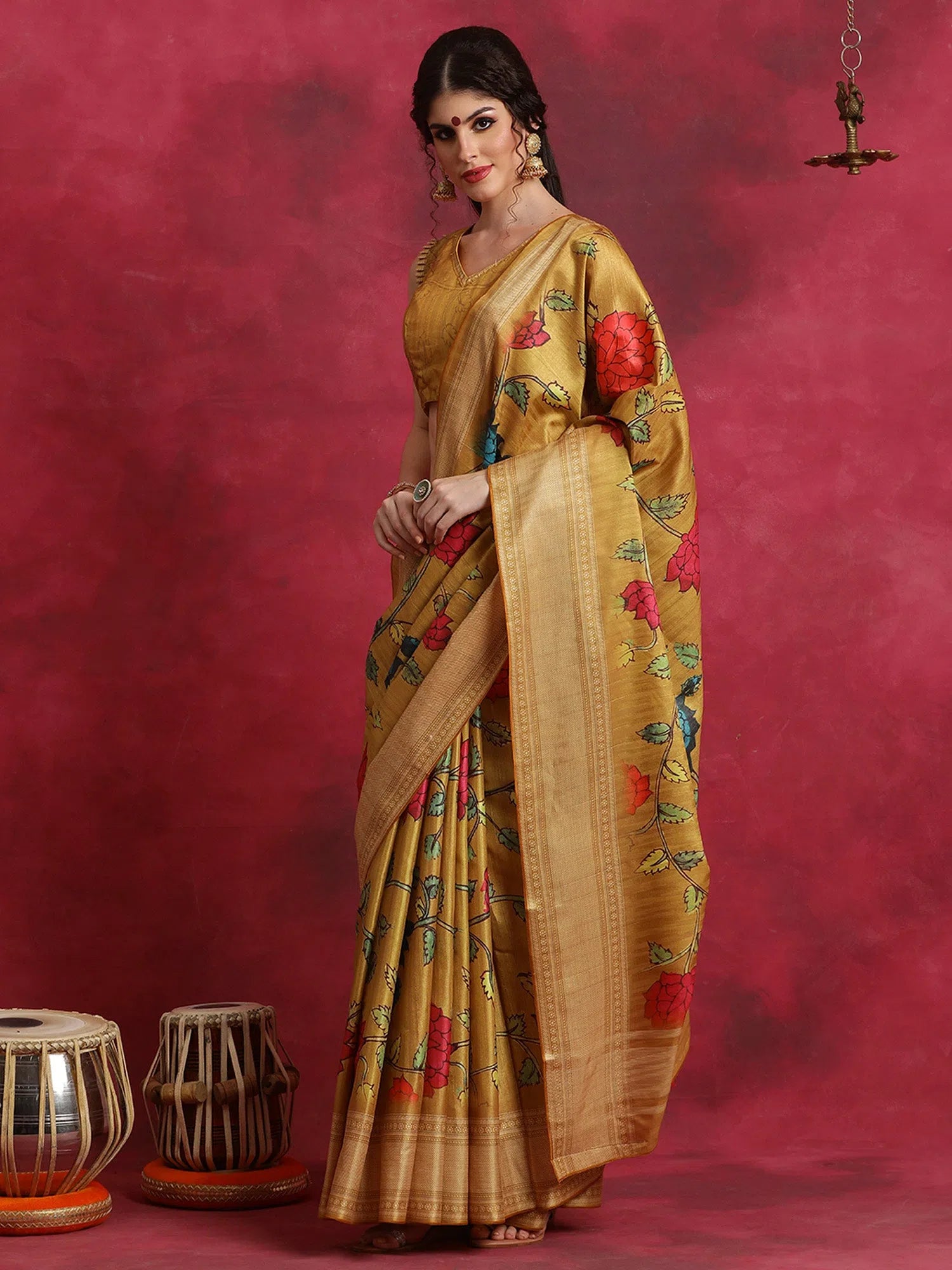 Saree Mall Women's Cotton Blend Mustard Printed Designer Saree With Blouse Piece-HIBRO103D Peter Pan Collar Blouse