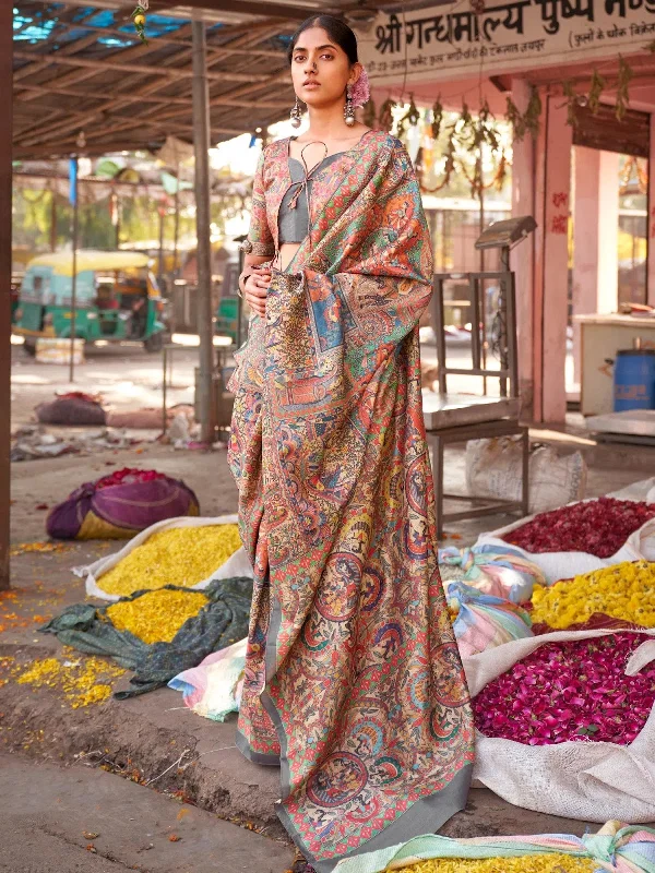 Saree Mall Women's  Blend Beige Printed Designer Saree With Blouse Piece-PUSHPMNDI103 Sleeveless Chiffon Blouse