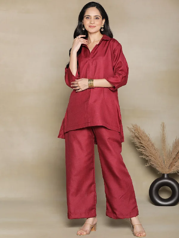 Maroon CottonSlub ShirtTop & Palazzo-- Mesh Blend Leather Blend Suede Blend