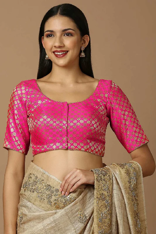 Pink Brocade Elbow Length Padded Blouse Embellished Collar Blouse