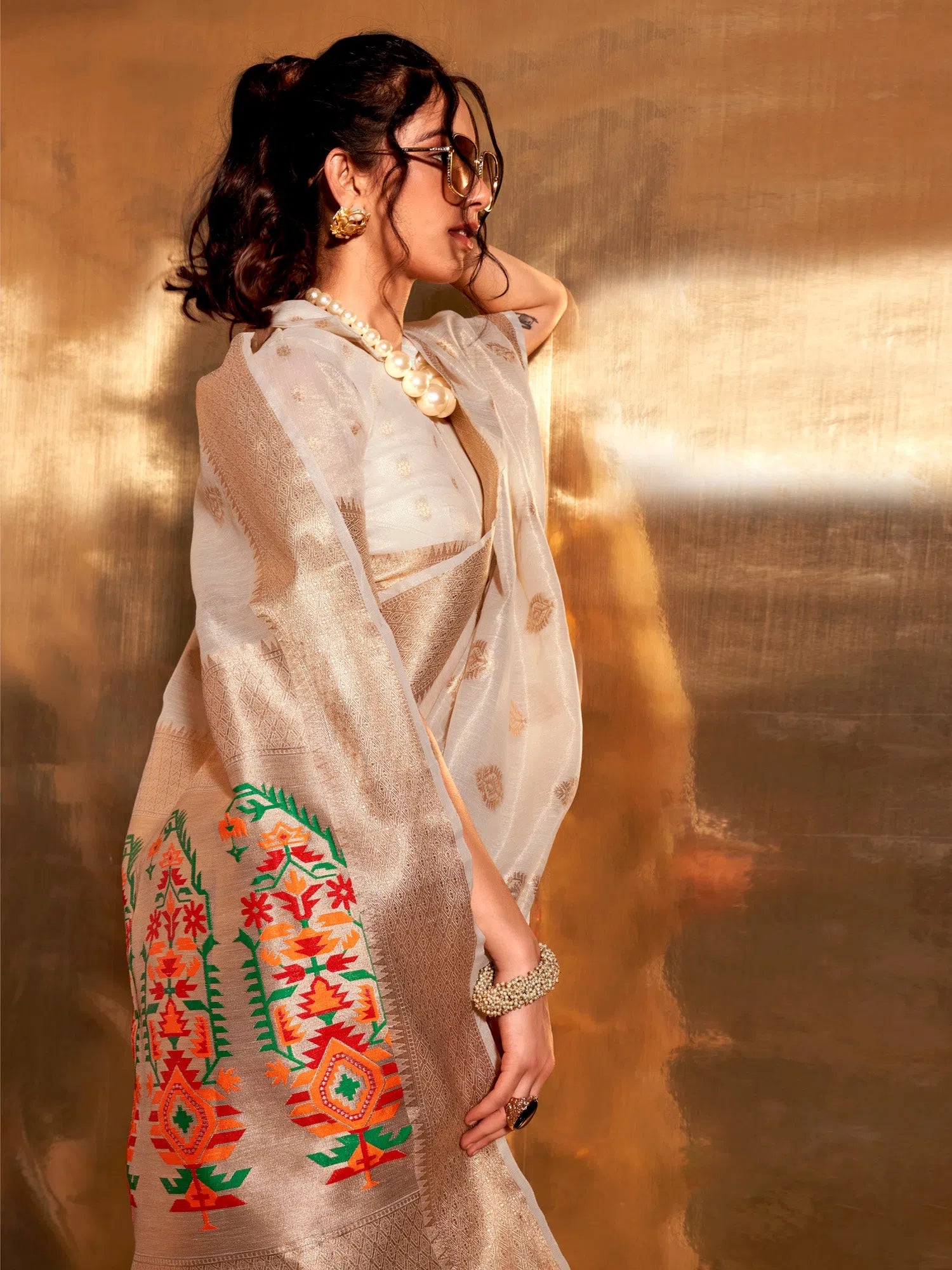 Saree Mall Women's Tissue Cream Woven Design Designer Saree With Blouse Piece-KORRA370003 Elegant Office Blouse