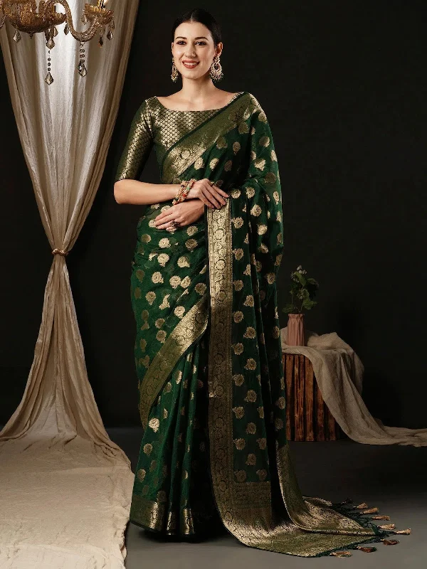 Saree Mall Women's Georgette Dark Green Woven Design Designer Saree With Blouse Piece-ARIES10D Backless Summer Blouse